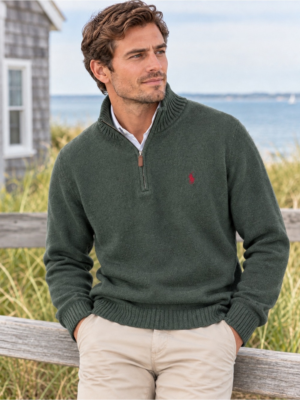 Ralph Lauren Men's Green Quarter-Zip Sweater with Red Polo Pony